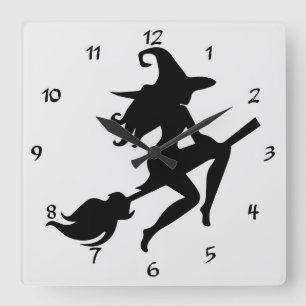 Cool Halloween Witch Riding her Broom Silhouette Square Wall Clock