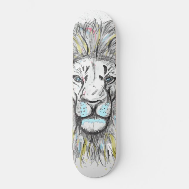 Cool hand drawn sketch and watercolor Lion design Skateboard (Front)