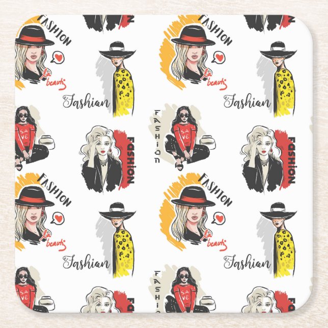 Cool Hand Drawn Sketches of Women's Fashion Square Paper Coaster (Front)
