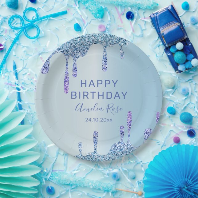 Cool Happy Birthday Glitter Drips Blue Metallic  Paper Plates (Party)