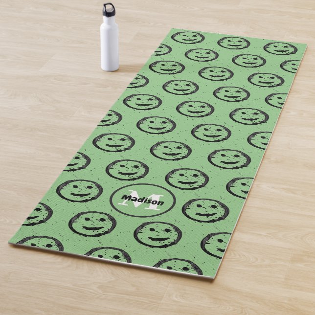 Cool Happy Smilin face pattern sage green Monogram Yoga Mat (In Situ)