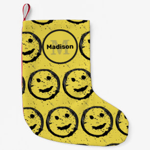 Cool Happy Smiling face pattern yellow Monogram Small Christmas Stocking
