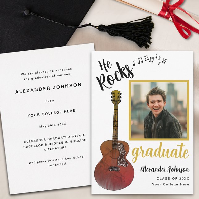 Cool He Rocks Graduate Photo Modern Black and Gold Announcement (Modern graduate photo country music rustic guitar Graduation announcement card)