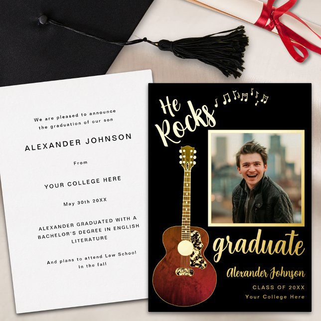 Cool He Rocks Graduate Photo Modern Black and Gold Foil Invitation (Cool country music guitar graduate photo modern black and gold foil Graduation announcement card)