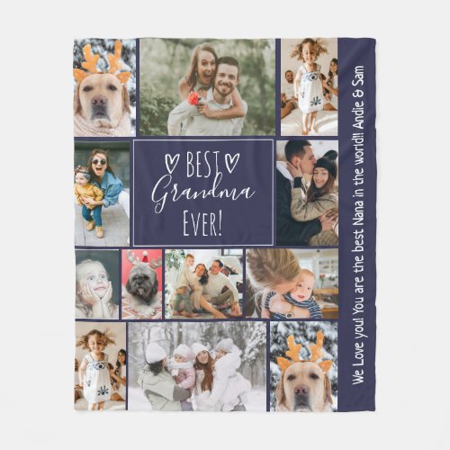 Cool heart 10 photos grid best grandma navy  fleece blanket