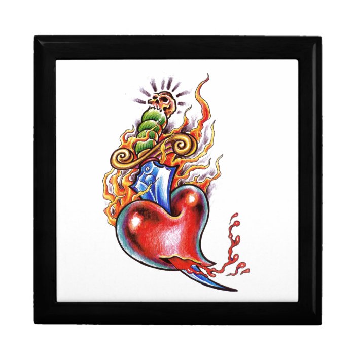 Cool Heart and Dagger in Flames tattoo Keepsake Box