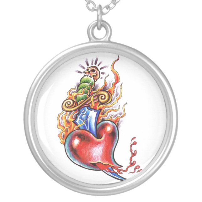 Cool Heart and Dagger in Flames tattoo Silver Plated Necklace (Front)