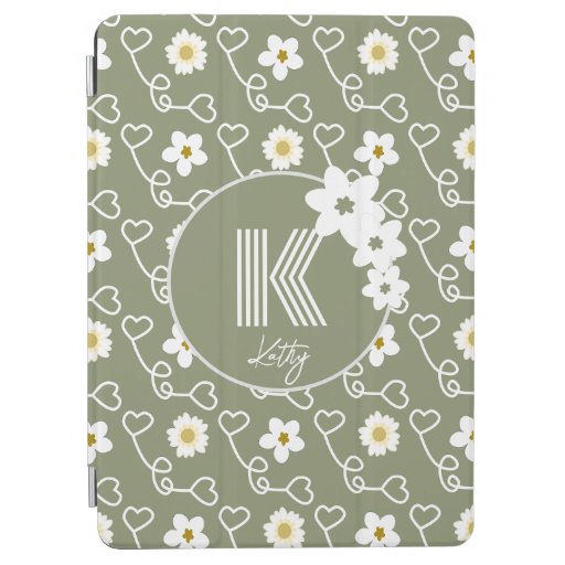 Cool hearts and white flowers on green background iPad air cover