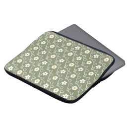 Cool hearts and white flowers on green background laptop sleeve