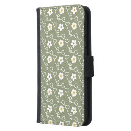 Cool hearts and white flowers on green background samsung galaxy s5 wallet case
