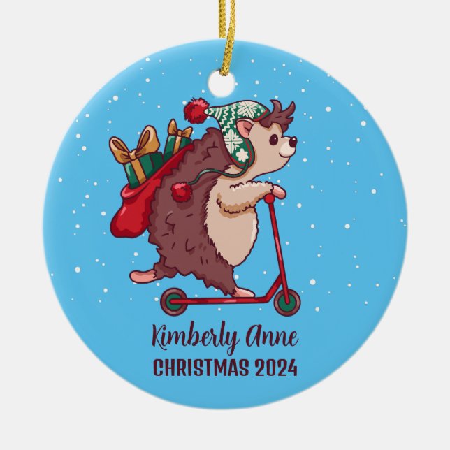 Cool Hedgehog Christmas Snowy Winter Holiday Ceramic Ornament (Front)