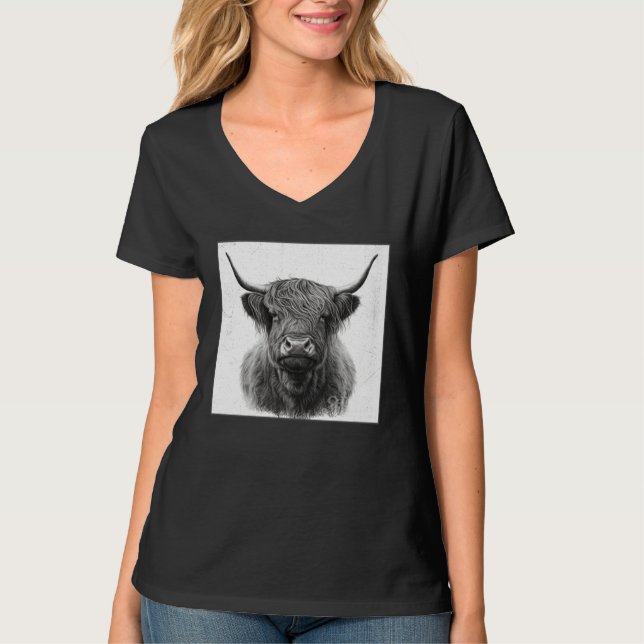 Cool Highland Cow Illustration Black Horn Women Me T-Shirt (Front)
