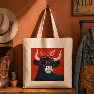 Cool Highland Cow in Retro Polka Dot Bandana Tote Bag