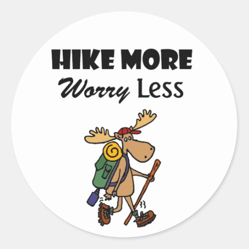 Cool Hike More Worry Less Moose Hiking Cartoon Classic Round Sticker