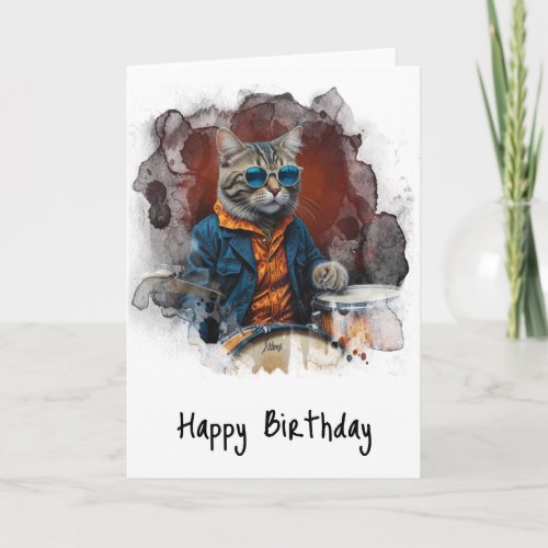 *~* Cool Hip Cat DRUMMER AP91 Birthday Card