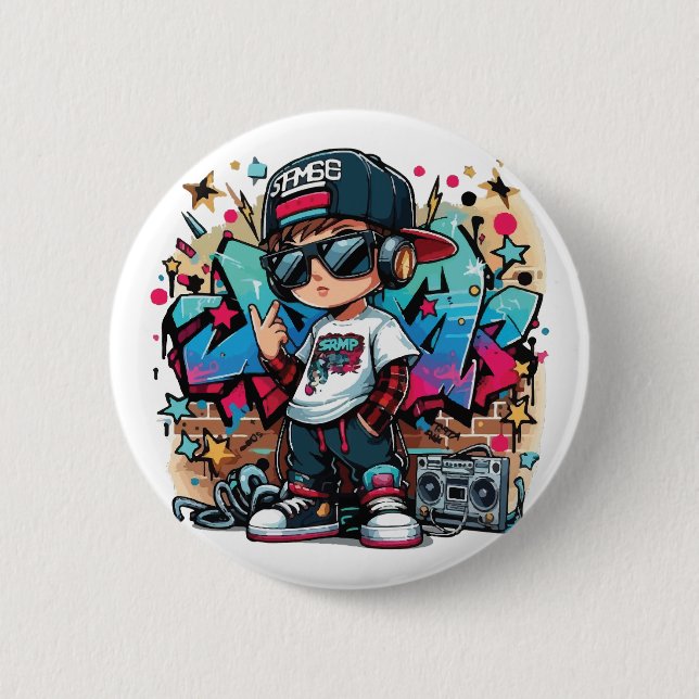 Cool Hip-Hop Kid Graffiti Style-Button Button (Front)