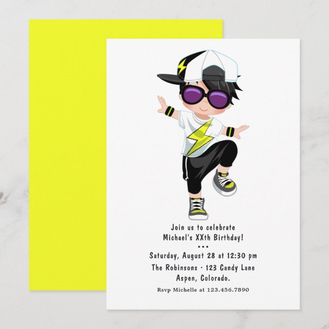 Cool Hip Hop Rap Boy Break Dancer Birthday Party Invitation (Front/Back)