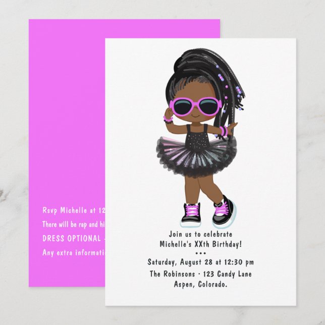 Cool Hip Hop Rap Tutu Girl Birthday Party Invitation (Front/Back)