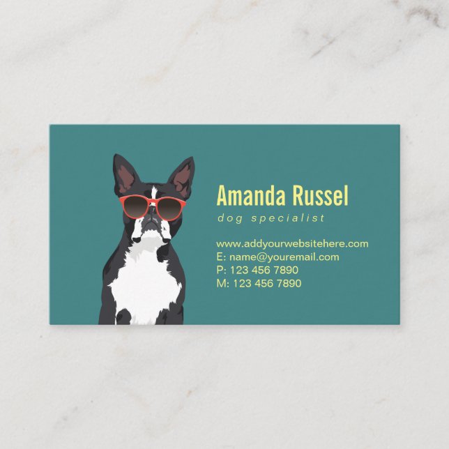 Cool Hipster Black and White Boston Terrier Business Card (Front)