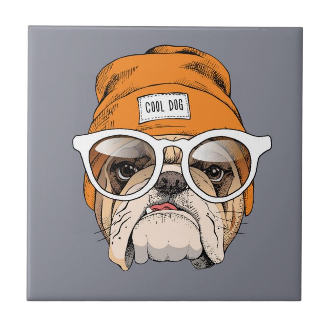 Cool Hipster Bulldog Ceramic Tile (Front)