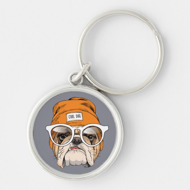 Cool Hipster Bulldog Keychain (Front)