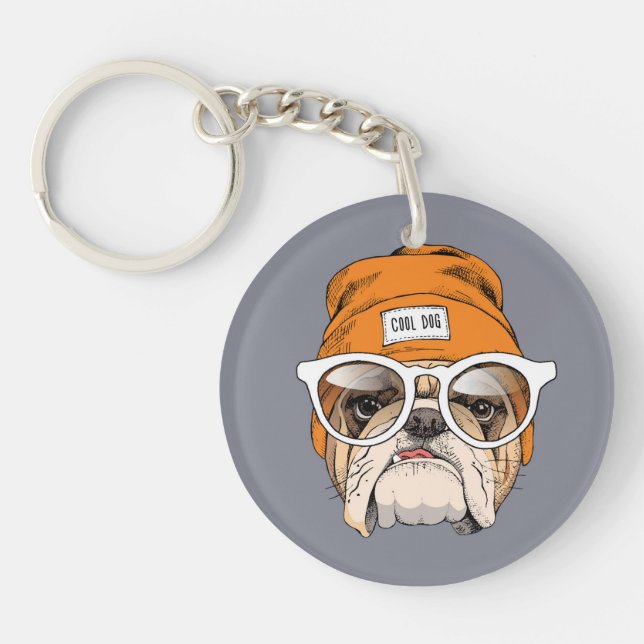 Cool Hipster Bulldog Keychain (Front)
