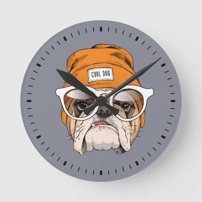 Cool Hipster Bulldog Round Clock (Front)