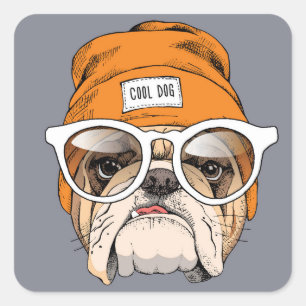 Cool Hipster Bulldog Square Sticker