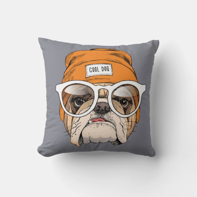 Cool Hipster Bulldog Throw Pillow (Front)