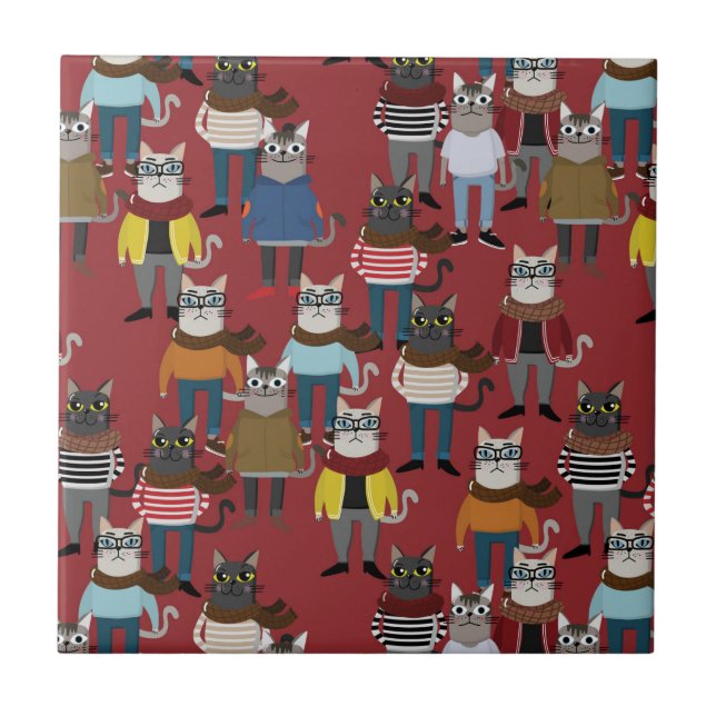 Cool Hipster Cat Pattern Ceramic Tile (Front)