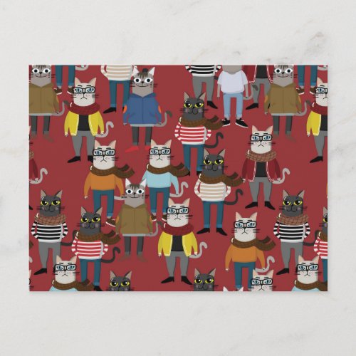 Cool Hipster Cat Pattern Holiday Postcard