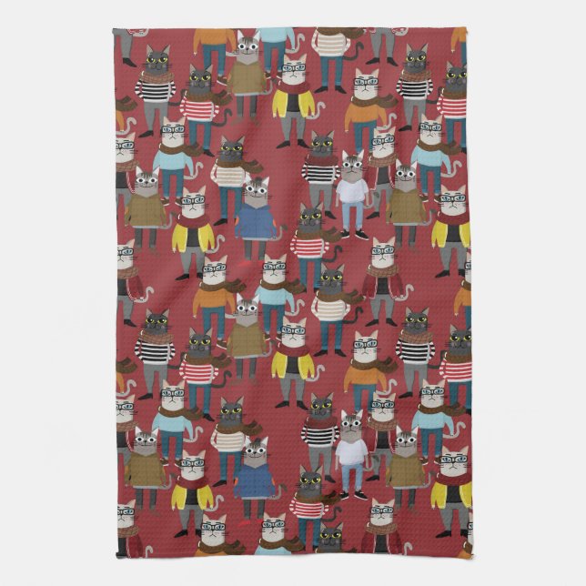 Cool Hipster Cat Pattern Kitchen Towel (Vertical)
