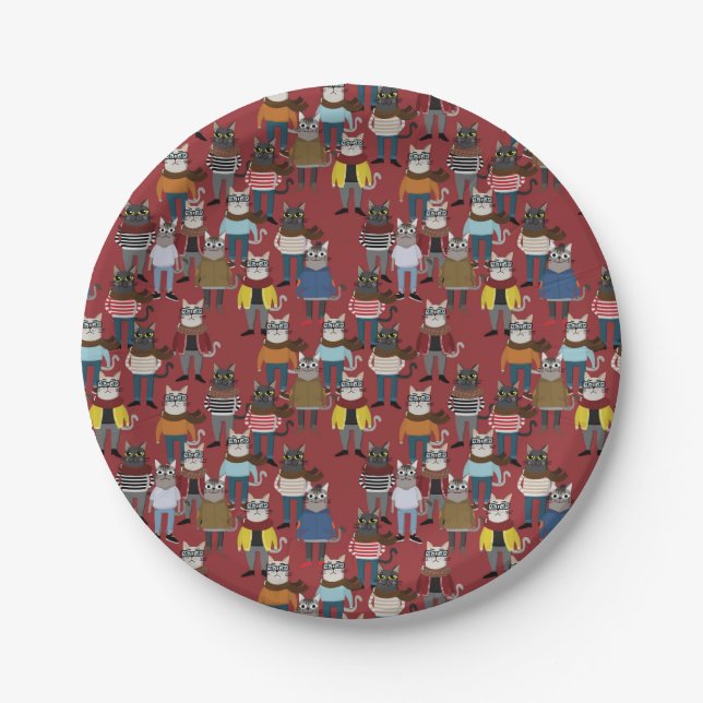 Cool Hipster Cat Pattern Paper Plates (Front)