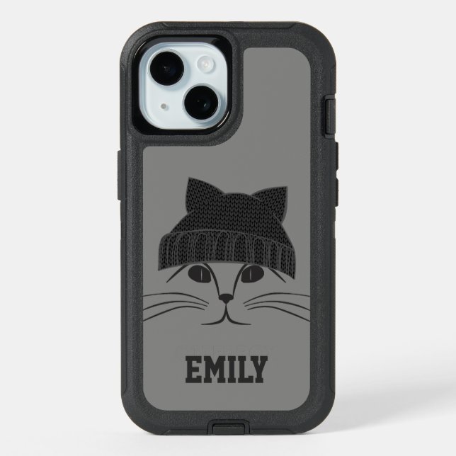 Cool Hipster Cat Wearing Wool Beanie Personalised iPhone 15 Case (Back)