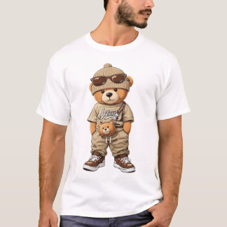 Cool Hipster Teddy Bear in Tan Streetwear Outfit T-Shirt