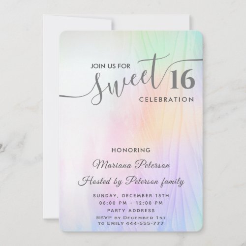 Cool Holograph trendy watercolor abstract sweet 16 Invitation