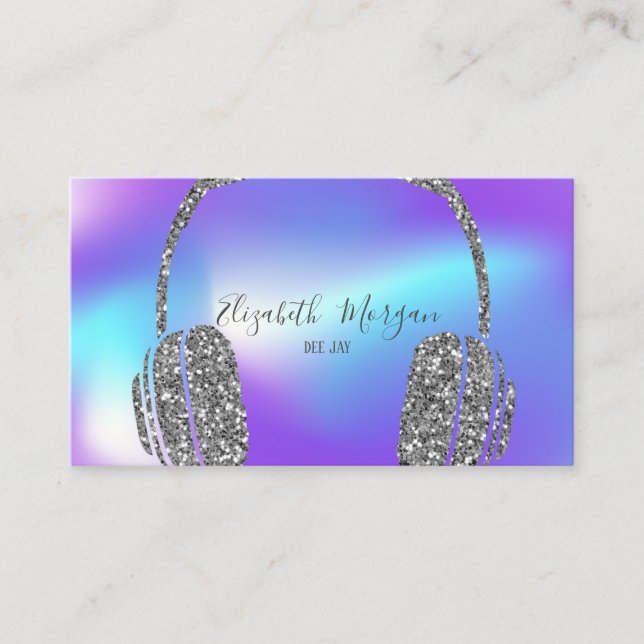 Cool Holographic Silver Glitter Headphone DJ Business Card (Front)