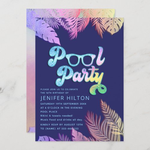 Cool holographic tropical leaves script pool party invitation