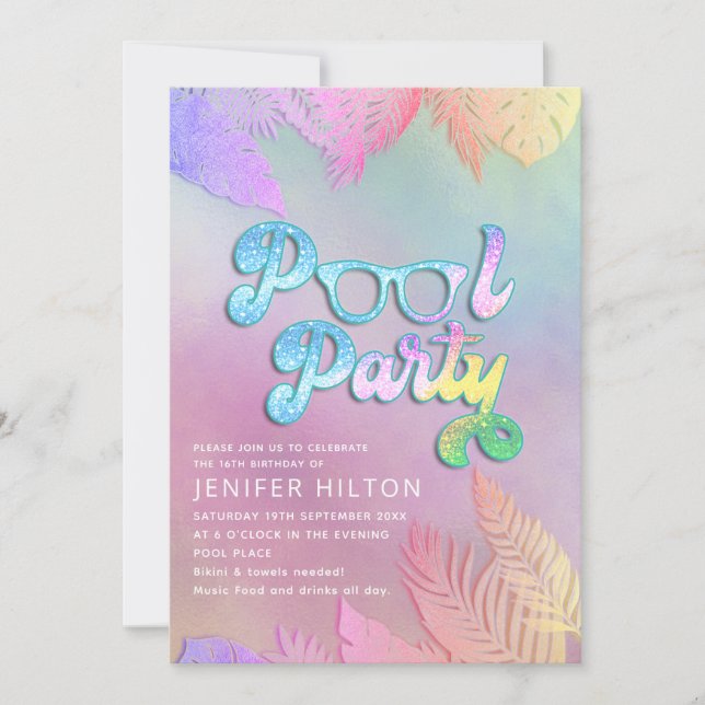 Cool holographic tropical leaves script pool party invitation (Front)