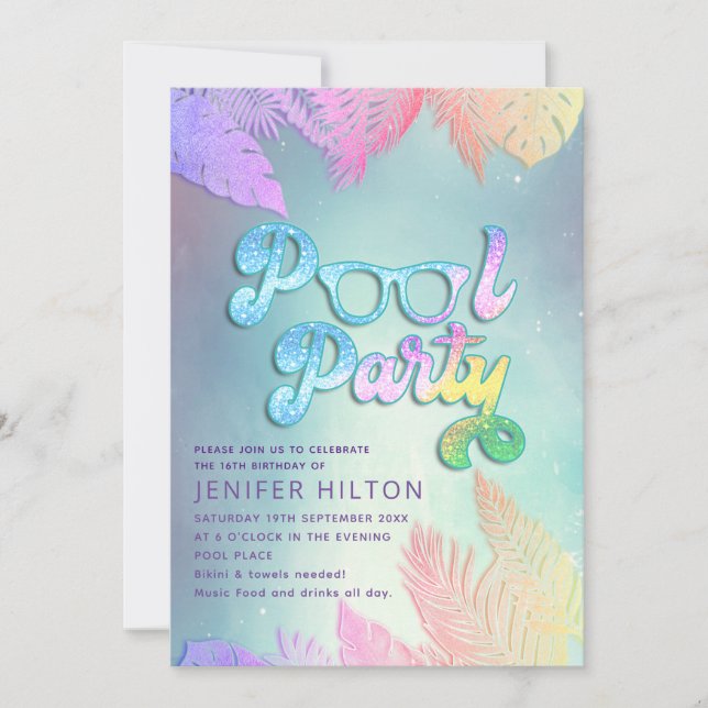Cool holographic tropical leaves script pool party invitation (Front)