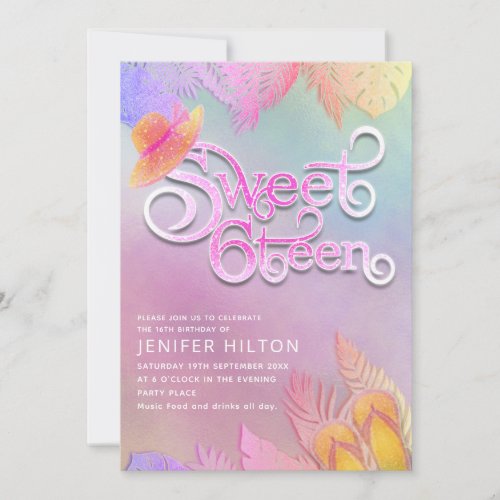 Cool holographic tropical  typography sweet 16 invitation