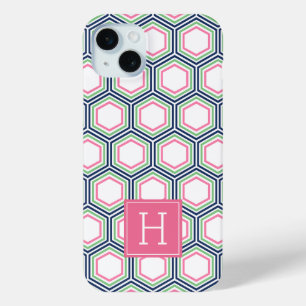 Cool Honeycomb Pattern and Pink Monogram iPhone 15 Plus Case