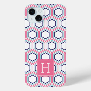 Cool Honeycomb Pattern and Pink Monogram iPhone 15 Plus Case