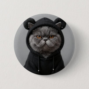 Cool Hoodie Cat Grumpy Grey Feline Streetwear Acce Button
