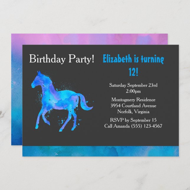 Cool Horse in Blue and Purple Watercolors Birthday Invitation (Front/Back)