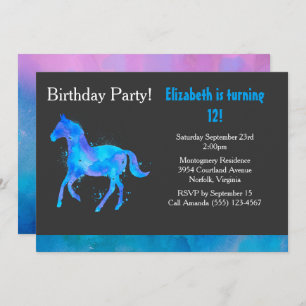 Cool Horse in Blue and Purple Watercolors Birthday Invitation