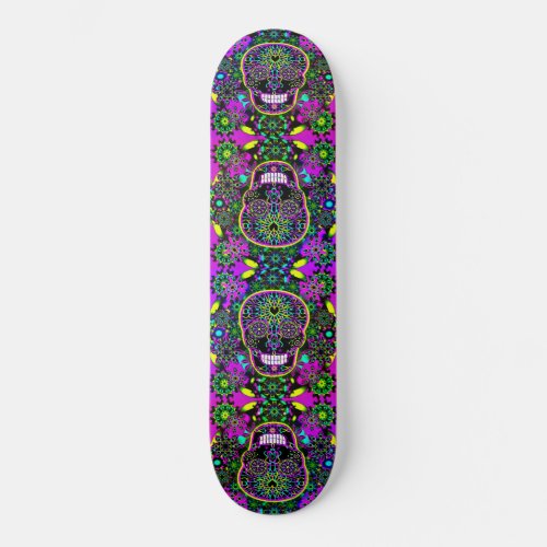 Cool Hot Green and Purple Sugar Skull Skateboard Deck