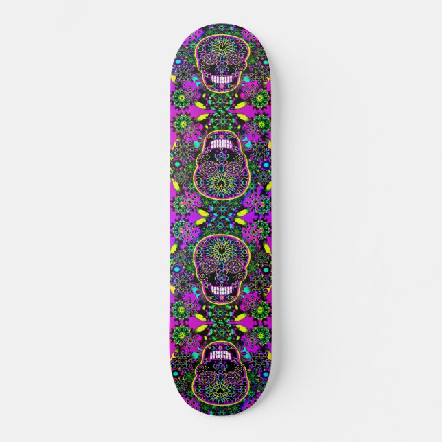 Cool Hot Green and Purple Sugar Skull Skateboard Deck (Front)