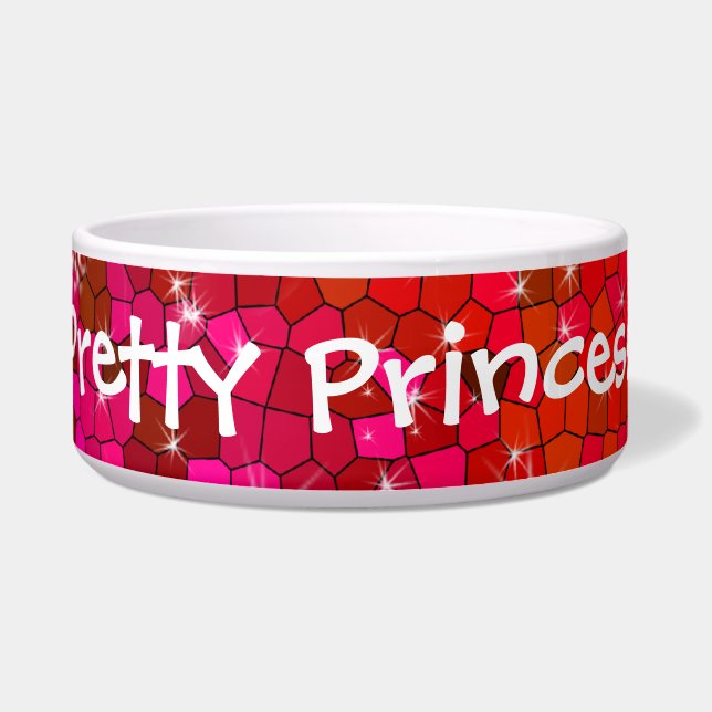 Cool Hot Pink Glitter Rhinestone Animal Print Name Bowl (Front)
