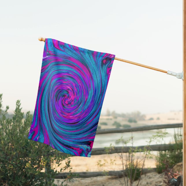 Cool Hot Pink, Purple and Blue Abstract Retro House Flag (Insitu (Back))